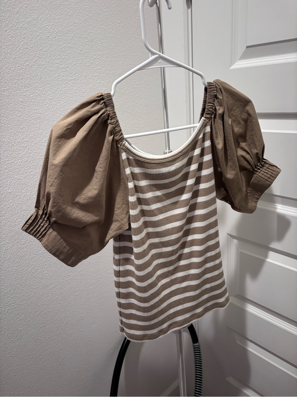 J. Crew Taupe and White Striped Puff-Sleeve Top